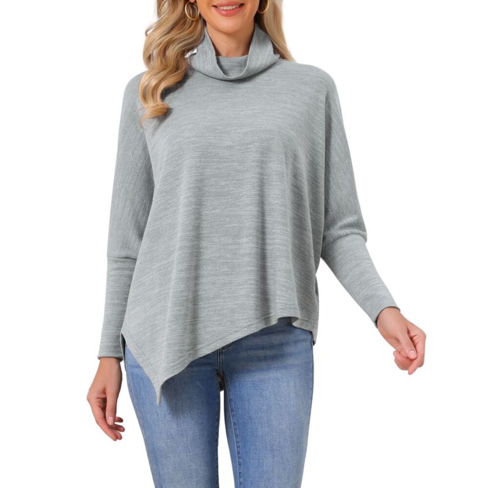 Women's Turtleneck Asymmetrical Top Batwing Sleeve Loose Knit Blouse Grey
